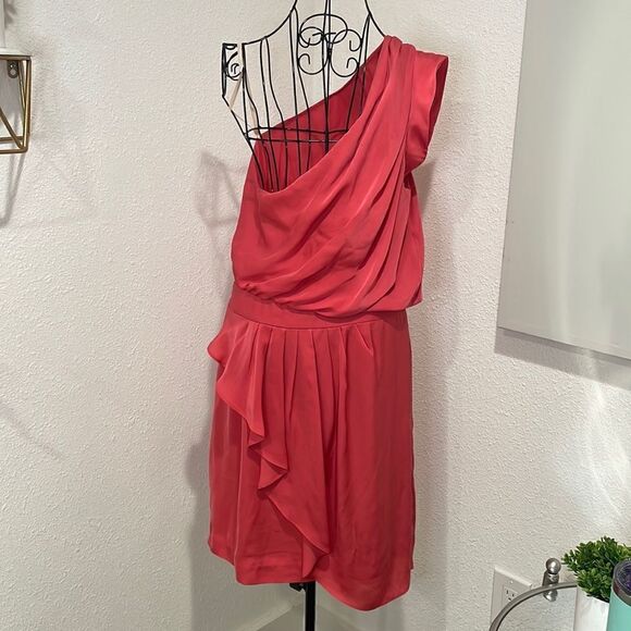 BCBGeneration One Shoulder Ruffle Dress Guava Pink size 12 - Picture 4 of 9